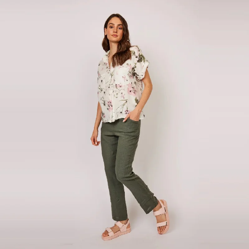 Short Sleeve Double Pocket Linen Blouse (Pink Floral Print)