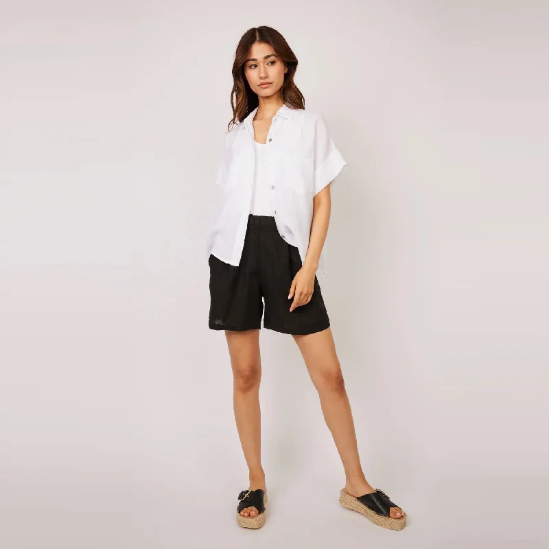 Short Sleeve Double Pocket Linen Blouse (White)