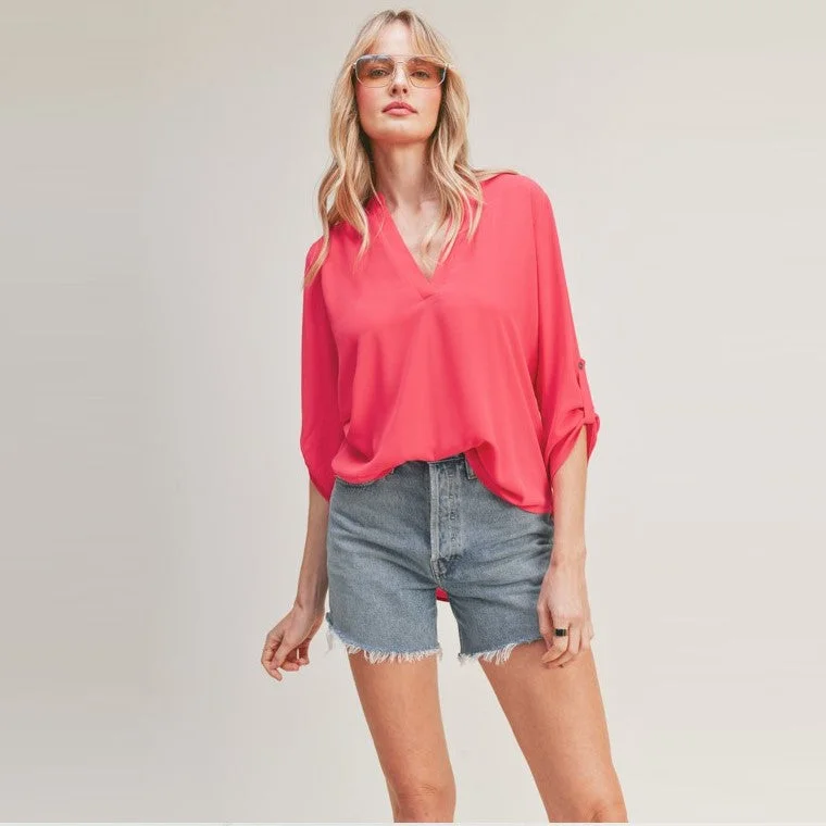 V-Neck Blouse (Bold Pink)