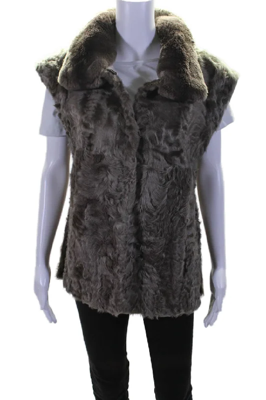 Byte Womens Fur Two Pocket Collared Hook Closure Mid-Length Vest Brown