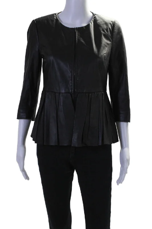 Jason Wu Womens Leather Pleated Long Sleeves Full Zipper Jacket Black