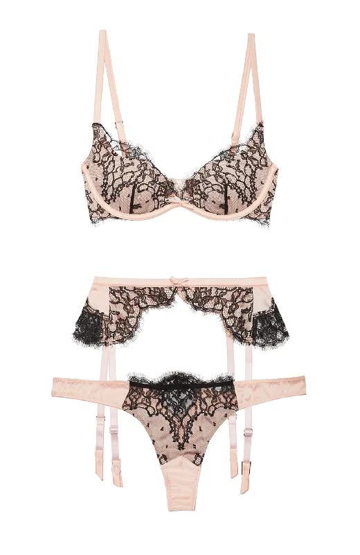 Iris Lace Demi Bra, Garter and Thong Set