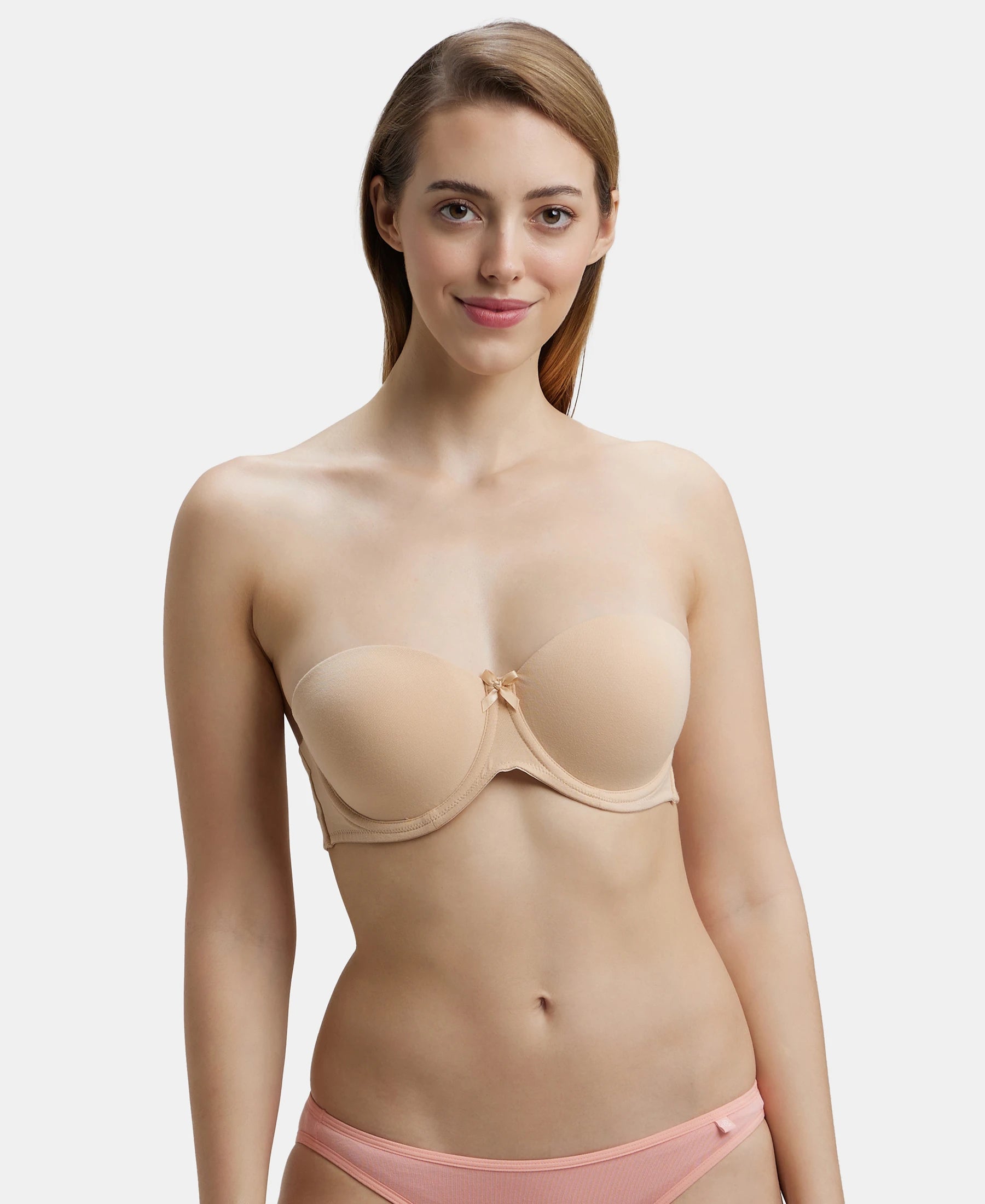 Under-Wired Padded Super Combed Cotton Elastane Stretch Full Coverage Strapless Bra with Ultra-Grip Support Band - Skin